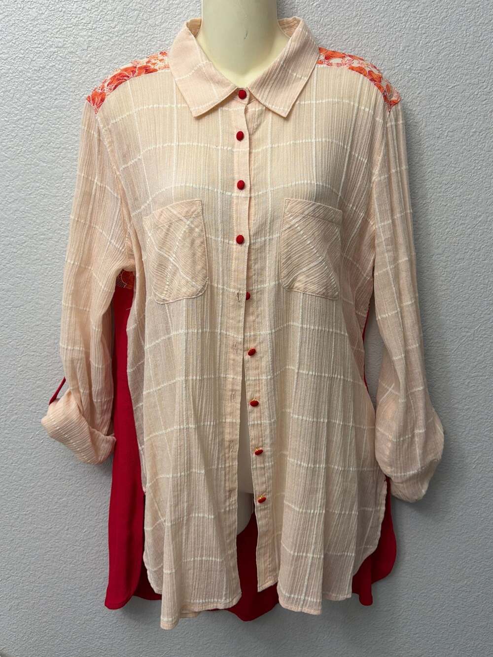 John Mark Mixed Media Plaid Print Lace Back Button Down Shirt